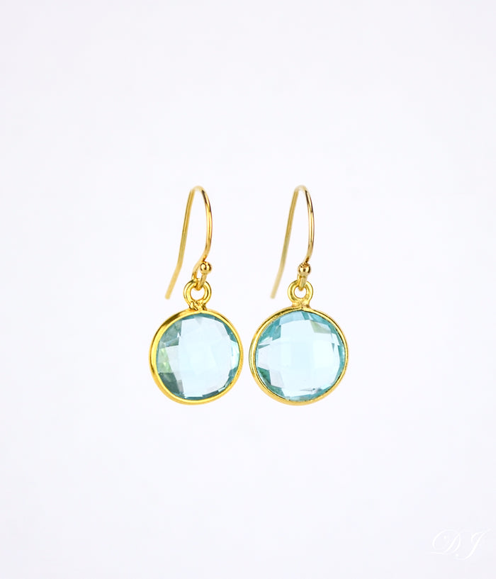 Round Blue Topaz Drop Earrings, Bezel Set Circle Birthstone Dangle Earrings, Sterling Silver, Gold Vermeil, Christmas, December Birthday Gift for Her