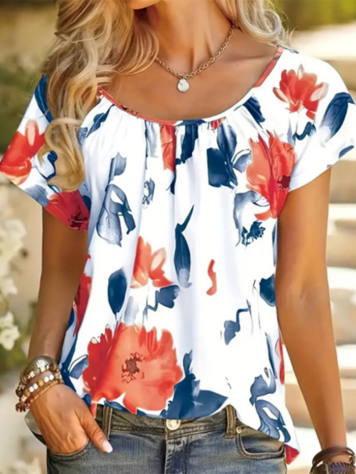 Round Neck Printed Short Sleeved Top