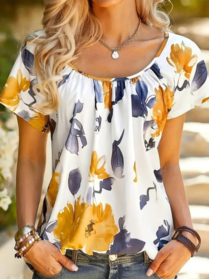 Round Neck Printed Short Sleeved Top