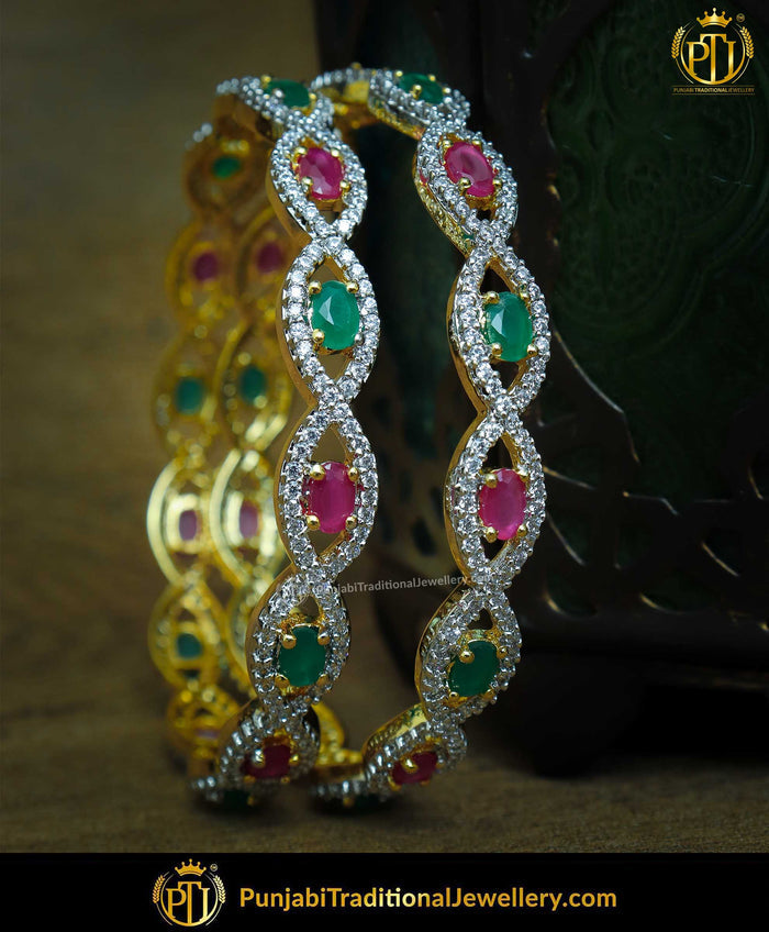Rubby Panna American Diamond Karra Bangles (Pair)| Punjabi Traditional Jewellery Exclusive
