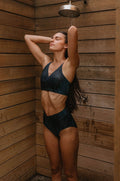 Sam High Waisted Bottoms | Midnight Ribbed Modest Fit with Supportive Band
