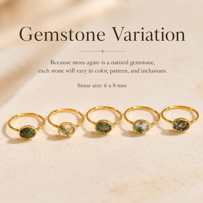 Five gold rings with oval moss agate stones are lined up on a light beige textured surface. Text above reads 'Gemstone Variation' with a note explaining that each stone will vary in color, pattern, and inclusions, and that the stone size is 6 x 8 mm.