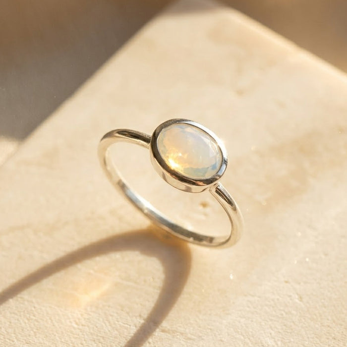 Minimalist sterling silver ring with faceted opalite gemstone bezel setting