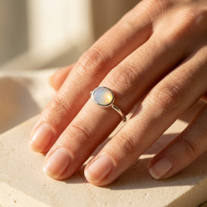 October birthstone ring fire opal style in sterling silver simple band