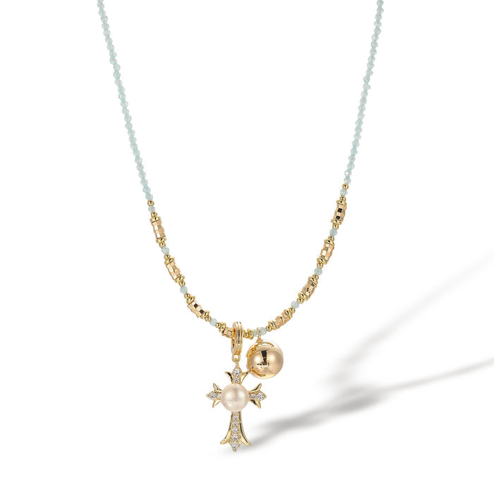 Sofia Blue Crystal Pearl Cross Necklace