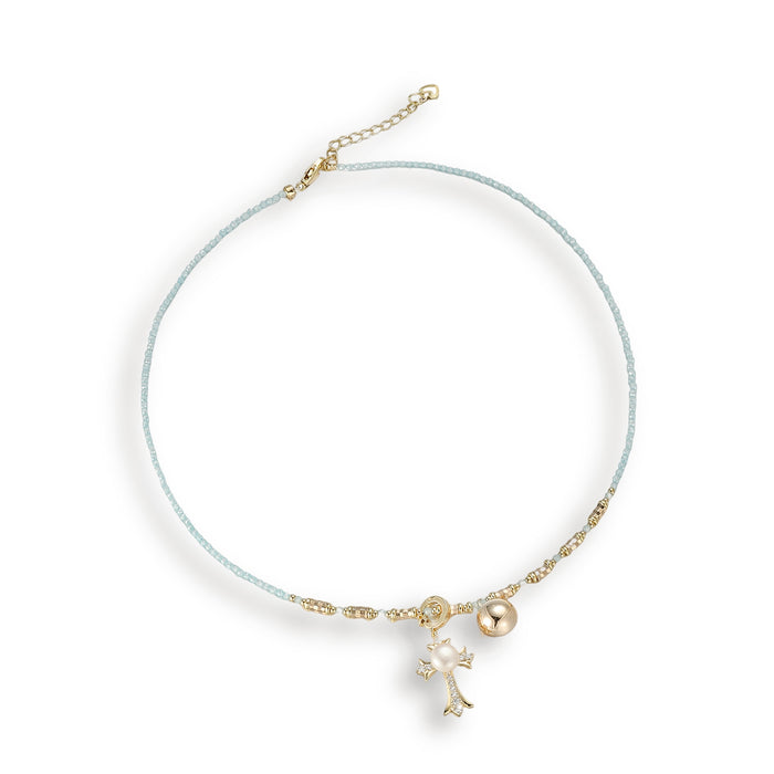 Sofia Blue Crystal Pearl Cross Necklace