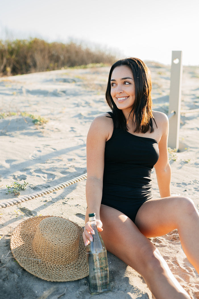 Sophie Bikini Top | Black Ribbed One Shoulder Modest Swimsuit with Supportive Fit