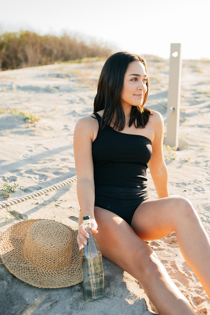 Sophie Bikini Top | Black Ribbed One Shoulder Modest Swimsuit with Supportive Fit