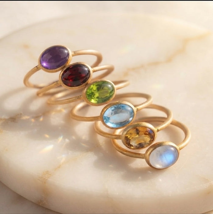 Stackable birthstone rings in sterling silver, yellow gold vermeil and rose gold vermeil