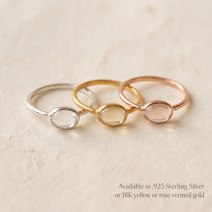 Stackable birthstone rings in sterling silver, yellow gold vermeil and rose gold vermeil