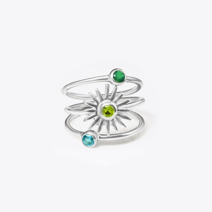 Sterling silver sun burst and dainty round rings in green onyx, peridot, and blue topaz. birthstone rings may birthstone, august birthstone, september birthstone