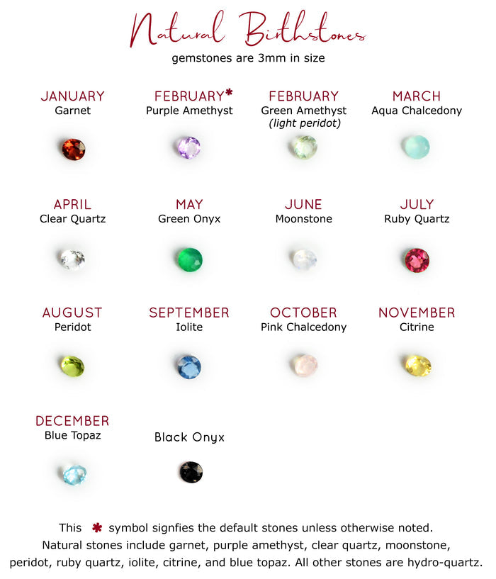 three millimeter natural birthstones garnet for january purple amethyst for february green amethyst alternatively for february aqua chalcedony for march clear quartz for april green onyx for may moonstone for june ruby quartz for july peridot for august iolite for september pink chalcedony for october citrine for november blue topaz for december black onyx alternatively for december