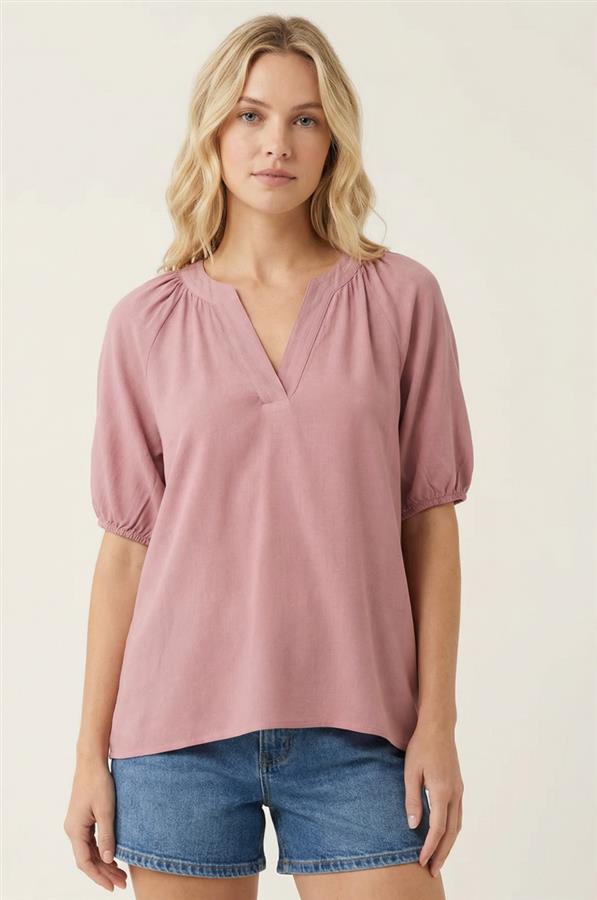 Stitched Y-split Neck Elbow Sleeve Linen Top