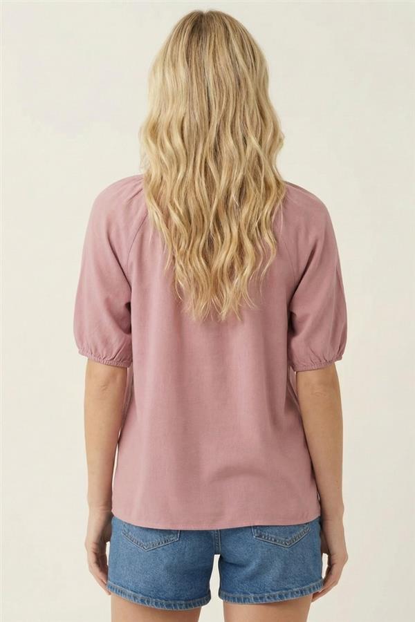 Stitched Y-split Neck Elbow Sleeve Linen Top