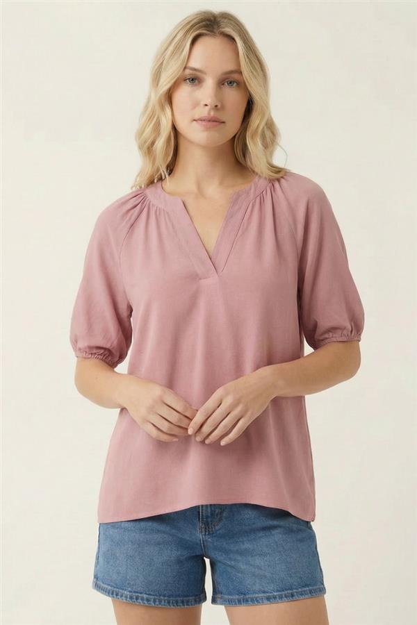 Stitched Y-split Neck Elbow Sleeve Linen Top