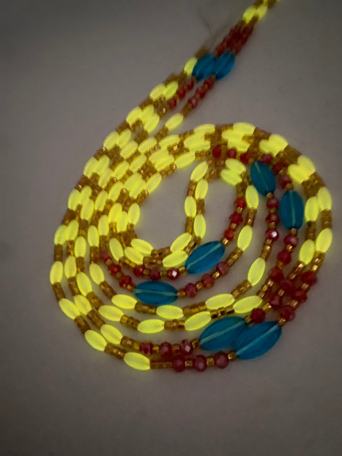 Subtle Glow-in-the-Dark Waist Beads | Pink | Crystal Waist Beads with Crystals | Luminous Body Jewelry | Tie-On Waist Beads 45–50” | Waist Beads for Weight Tracking