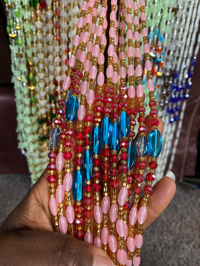 Subtle Glow-in-the-Dark Waist Beads | Pink | Crystal Waist Beads with Crystals | Luminous Body Jewelry | Tie-On Waist Beads 45–50” | Waist Beads for Weight Tracking