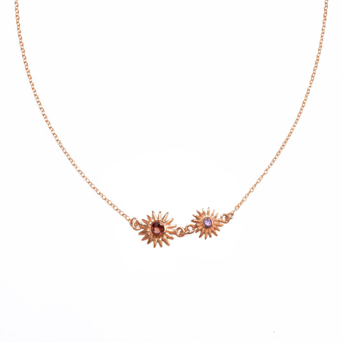 rosegoldsunburstnecklacegarnetquartzpurpleamethystquartzbirthstonesforjanuaryandfebruarysunpendantnecklace