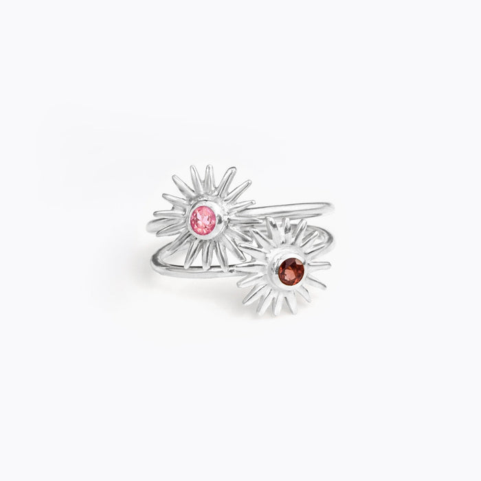 sterlingsilversunburstringsrubyquartzgarnetquartzbirthstoneringcombosilvermetalsunringwithgemstone