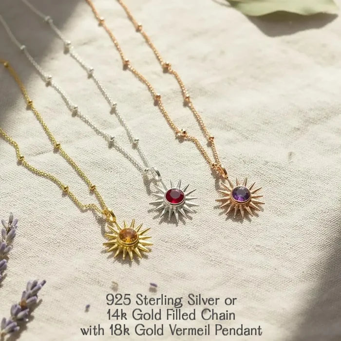 Birthstone sunburst necklace shown in sterling silver, gold filled, and rose gold filled chains