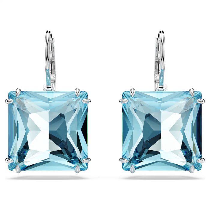 Swarovski 5619472 Millenia Drop Earrings – Square Cut Blue Crystals, Rhodium Plated