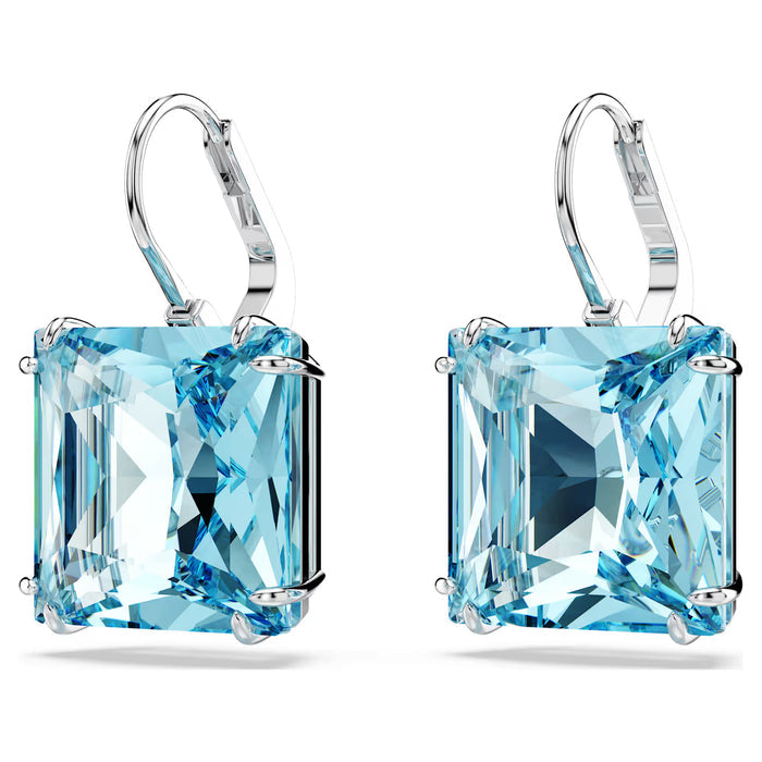 Swarovski 5619472 Millenia Drop Earrings – Square Cut Blue Crystals, Rhodium Plated
