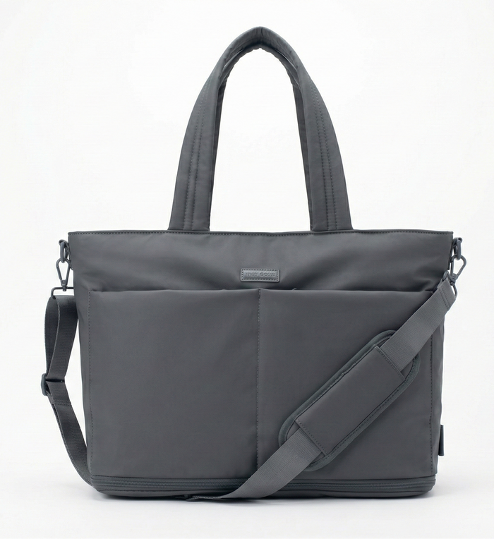 Gray tote bag with shoulder strap on a white background