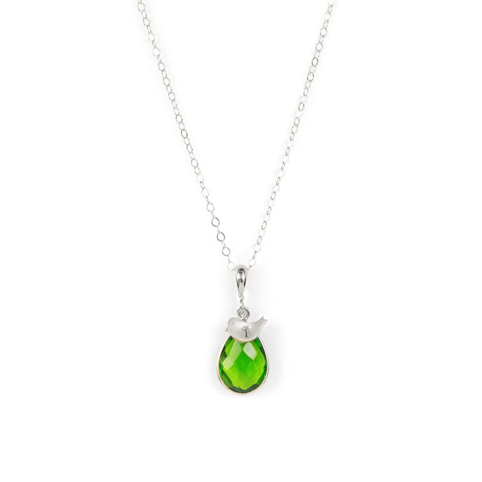 Teardrop Birthstone with Hand Stamped Bird Initial Charm Necklace, Bezel Set Gemstone Necklace, 925 Silver, Gold Filled, Gold Vermeil Gift for Women