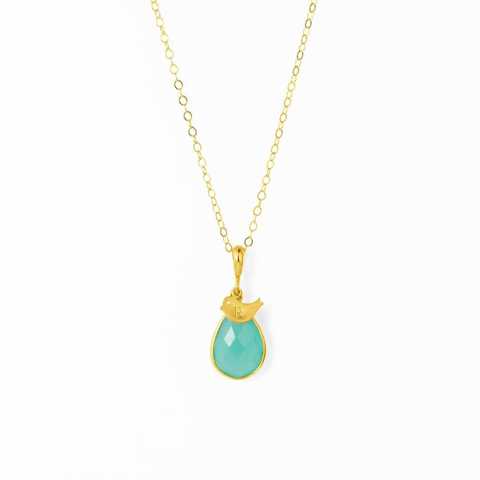 Teardrop Birthstone with Hand Stamped Bird Initial Charm Necklace, Bezel Set Gemstone Necklace, 925 Silver, Gold Filled, Gold Vermeil Gift for Women