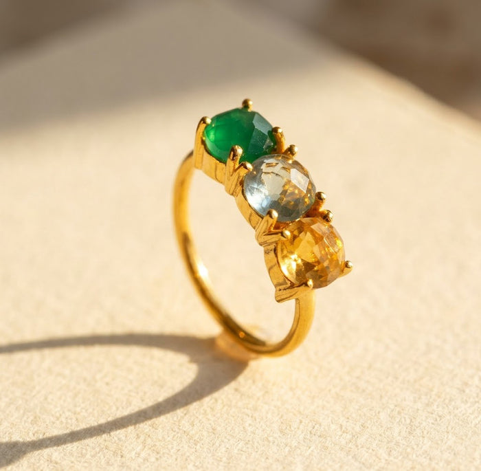 Three custom birthstone ring for mom in gold, faceted family gemstone ring with dainty band