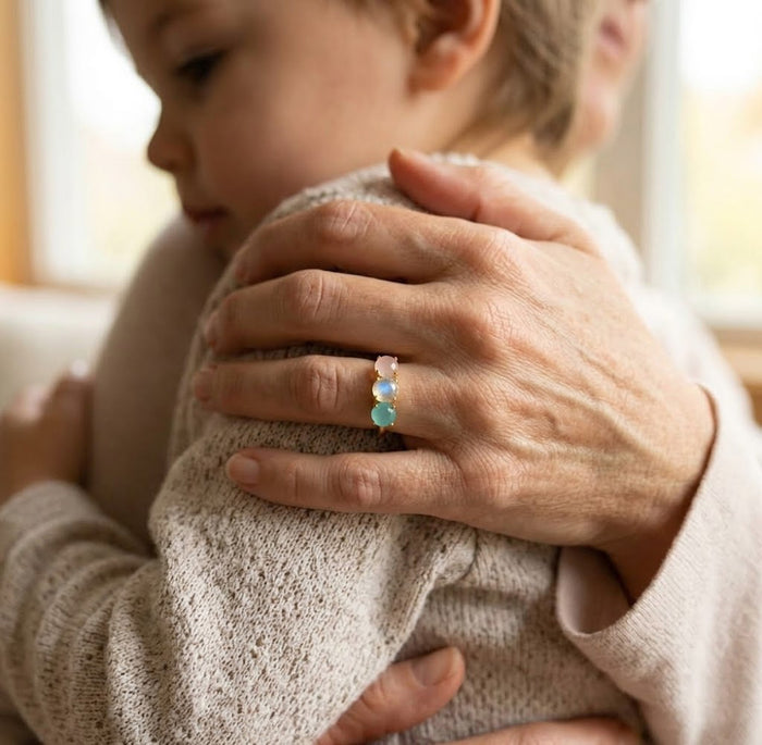 Personalized three birthstone ring for mom worn on hand, meaningful family ring gift for mother