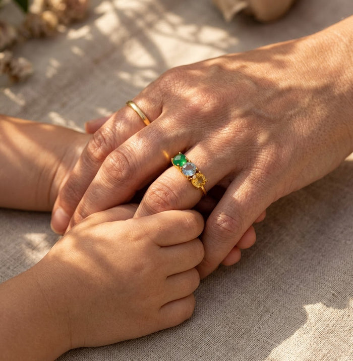 Dainty custom birthstone ring for mom with three faceted stones, family jewelry on hand