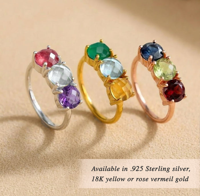 Three stone birthstone ring for mom on finger, personalized family ring in sterling silver