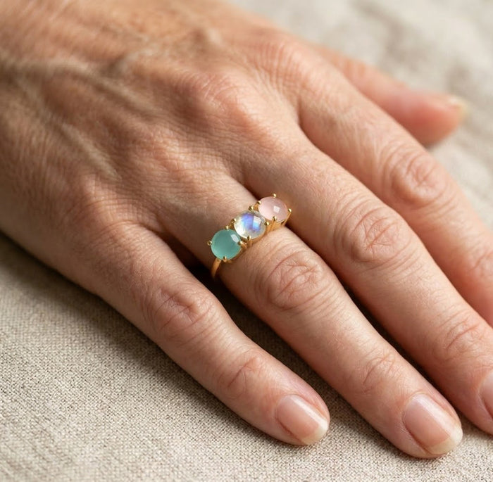 Custom three birthstone rings for mom in sterling silver yellow gold and rose gold vermeil