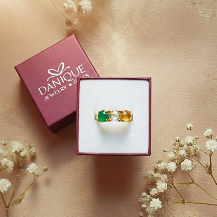 Gift boxed three custom birthstone ring for mom, personalized family jewelry ready for gifting