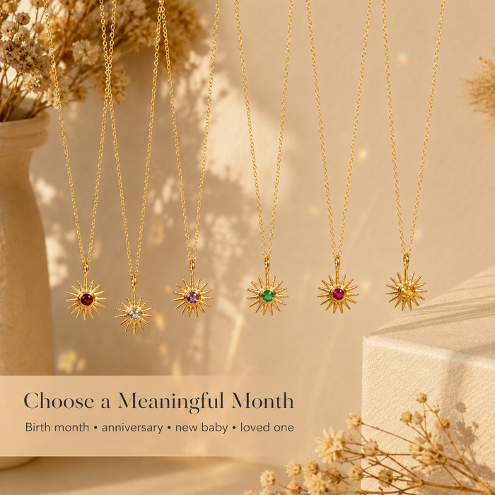Tiny birthstone necklace collection showing multiple gemstone colors by month, designed as a dainty personalized birth month necklace.