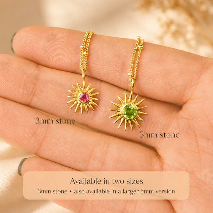 Size comparison image showing a 3mm tiny birthstone pendant beside a larger 5mm stone option for customers choosing necklace size.