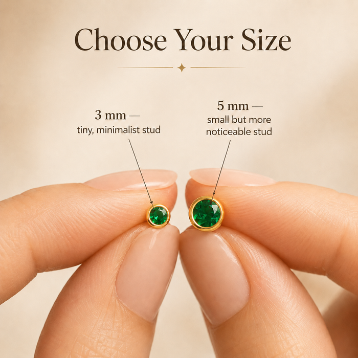 Choose your size guide showing 3mm tiny birthstone studs and 5mm small gemstone stud earrings
