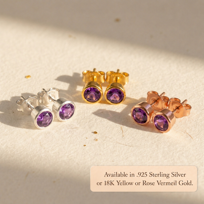 Birthstone stud earrings in sterling silver, yellow gold, and rose gold with colorful gemstone options