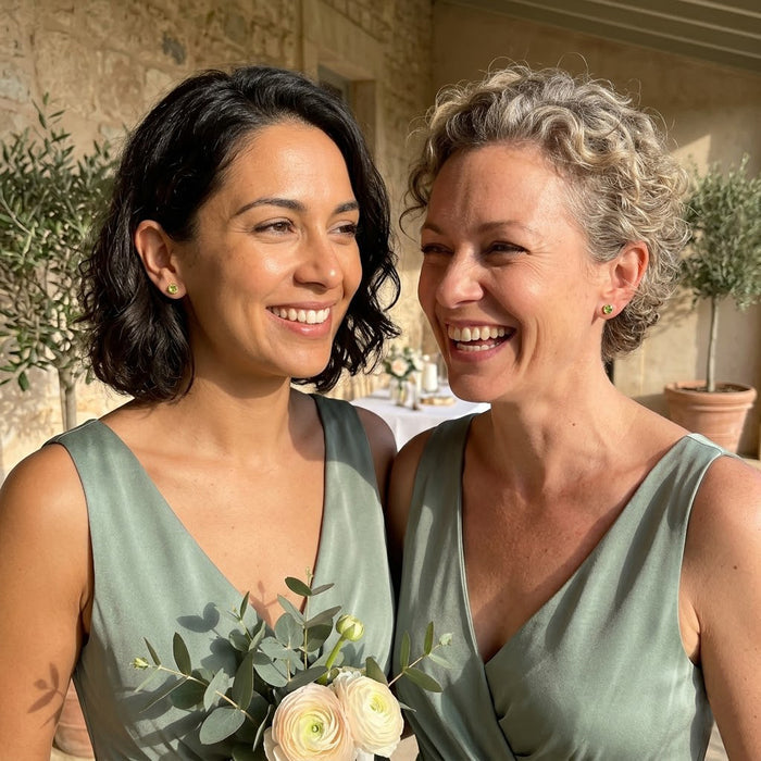 Two women wearing tiny birthstone stud earrings as bridesmaid jewelry and minimalist gifts for her