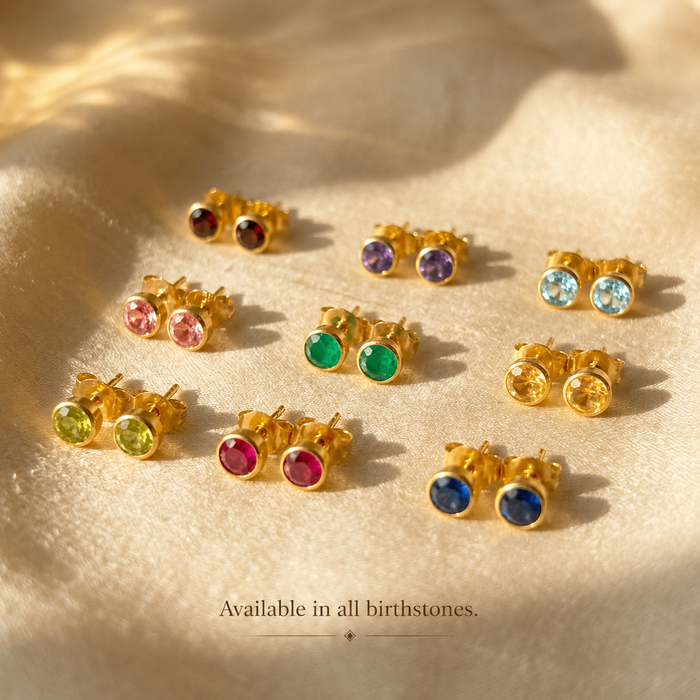 All birthstone stud earring colors available in gold settings with gemstone options for every month