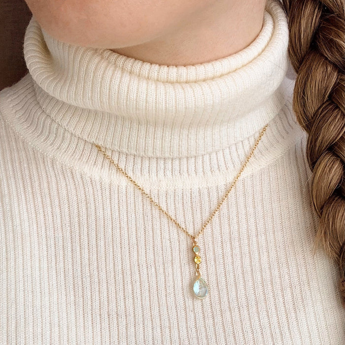 Tiny Birthstone Vertical Bar Necklace with Mother Stone
