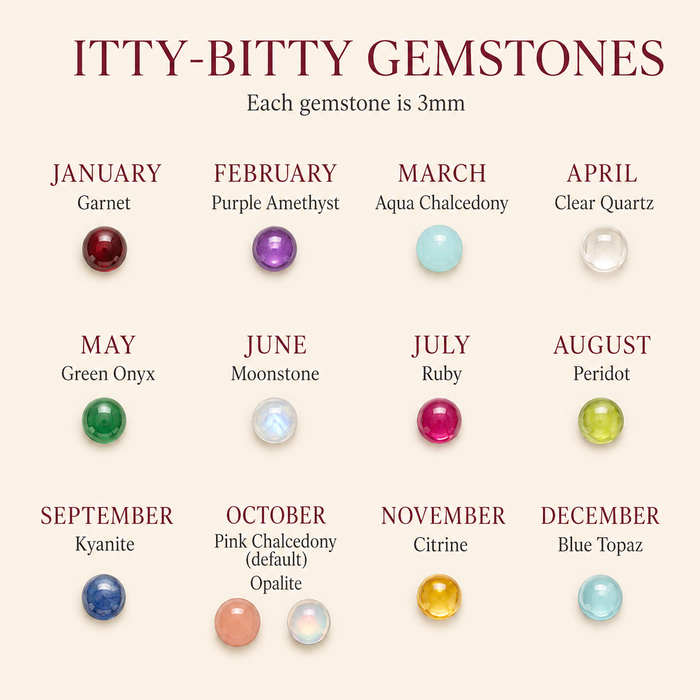 Itty-bitty gemstone chart showing birthstone options for a custom tiny cabochon stacking ring.