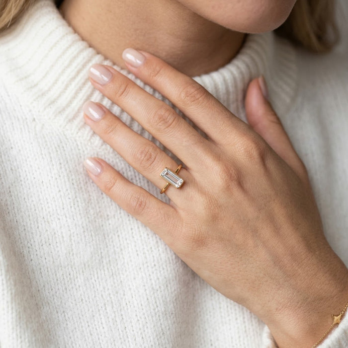 Model wearing clear quartz ring, delicate April birthstone minimalist jewelry