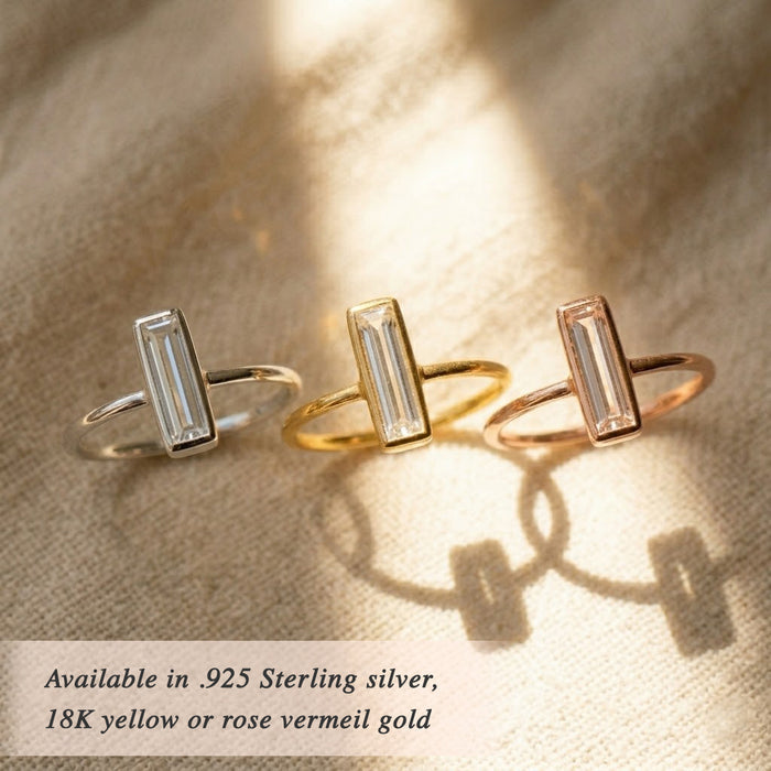 Set of clear quartz bar rings in gold and silver, minimalist stacking ring collection