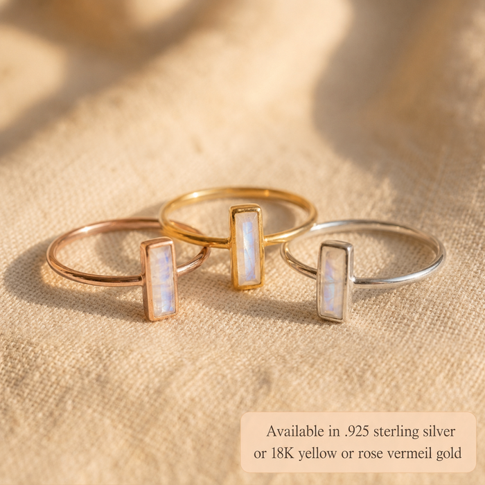 Moonstone bar rings in silver, yellow gold, and rose gold vermeil finishes.