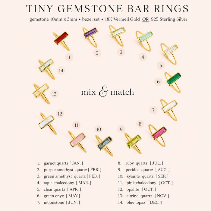 Tiny gemstone bar ring chart showing available birthstone options.