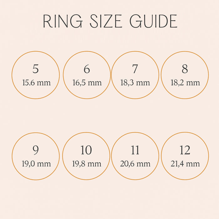 Ring size guide chart for stackable gemstone rings showing US sizes 5–12 with inner diameters: 15.6 mm, 16.5 mm, 18.3 mm, 18.2 mm, 19.0 mm, 19.8 mm, 20.6 mm, 21.4 mm. Use this measurement chart to convert inner diameter to US ring size, compare with a favorite ring, or measure before buying. Helpful for sterling silver, gold vermeil, and rose gold bands—perfect for birthstone, cocktail, promise, engagement, and stacking rings to ensure a comfortable fit.