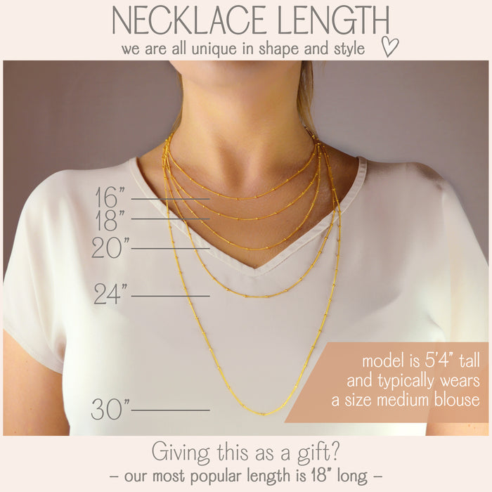Necklace length guide displaying various chain lengths from choker to long styles, shown on a model for scale. Helps customers choose the perfect fit for bar necklaces, pendants, lockets, and other custom jewelry. Suitable for sterling silver, gold filled, and rose gold chains. Ideal reference for selecting lengths for everyday wear, layered looks, or special occasion jewelry gifts.