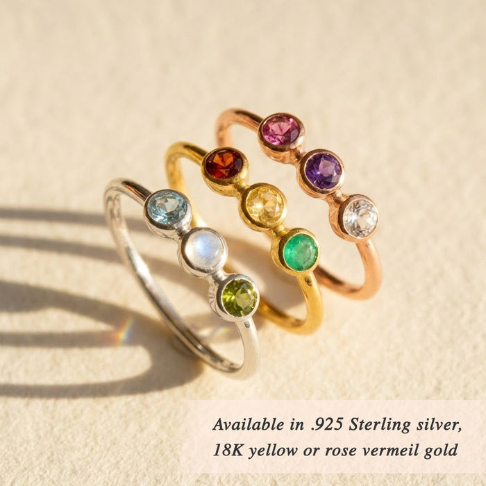 Custom faceted birthstone rings for mom in gold silver and rose gold, family stackable gemstone ring options